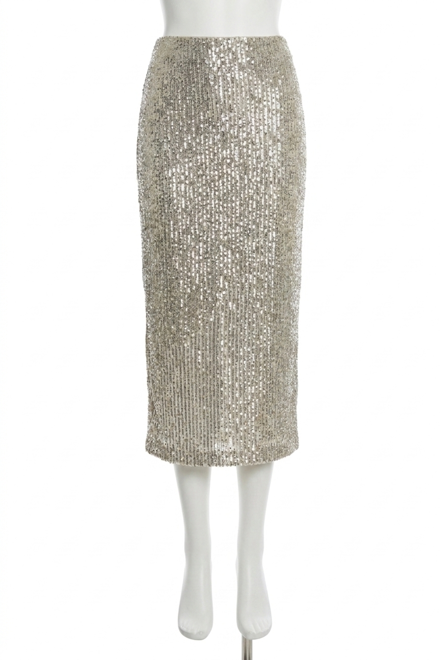 NEW JOSEPH RIBKOFF sequined pull on midi pencil skirt in silver/nude